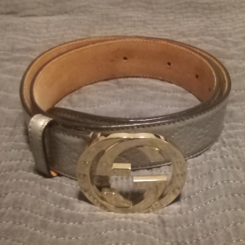 Gucci Silver and Gold Leather Belt with Iconic GG Buckle